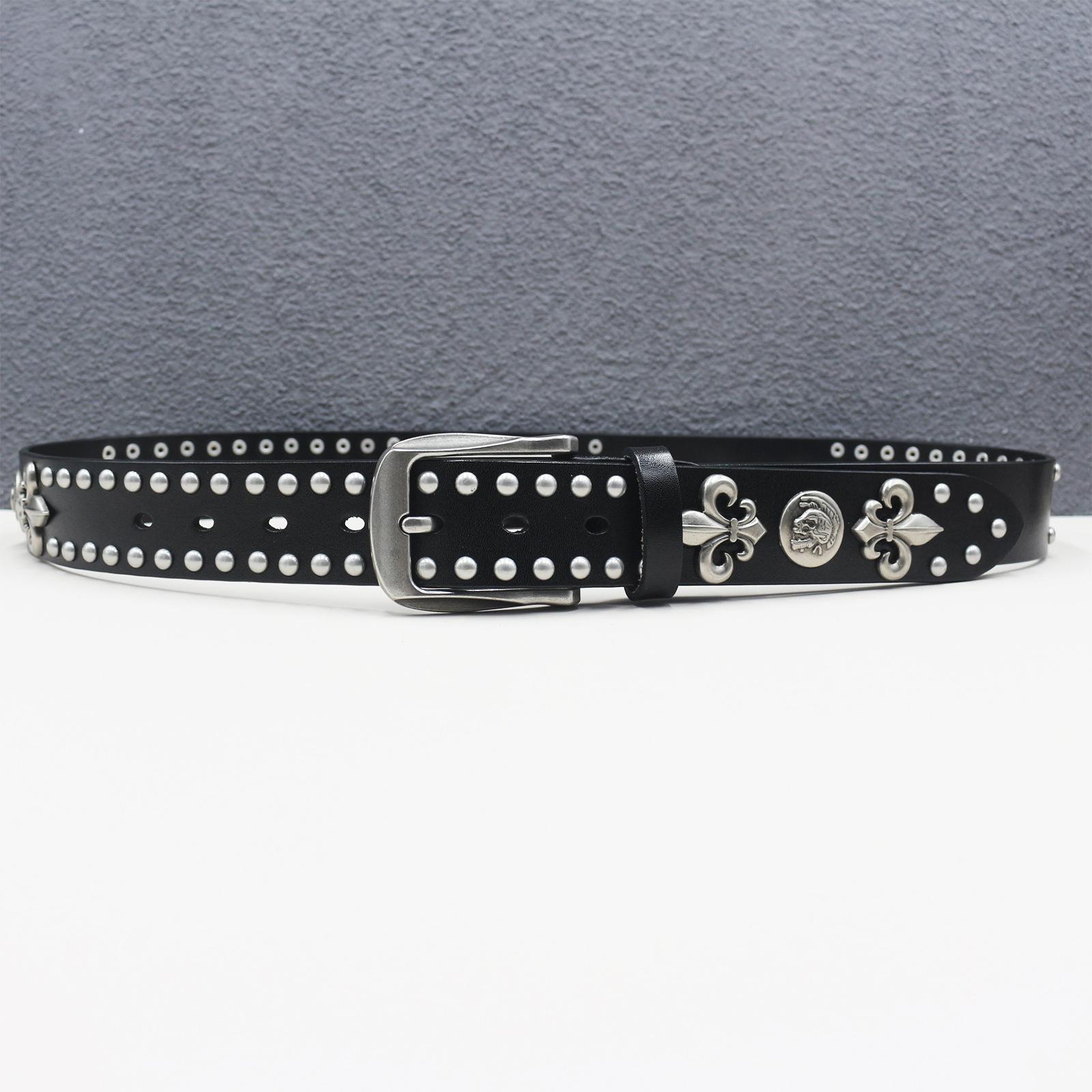 

Первый слой коровьей кожи Новый ремень с заклепками в виде черепа Натуральная кожа Мужской ремень Женский ремень из чистой коровьей кожи Универсальный декоративный ремень 125cm