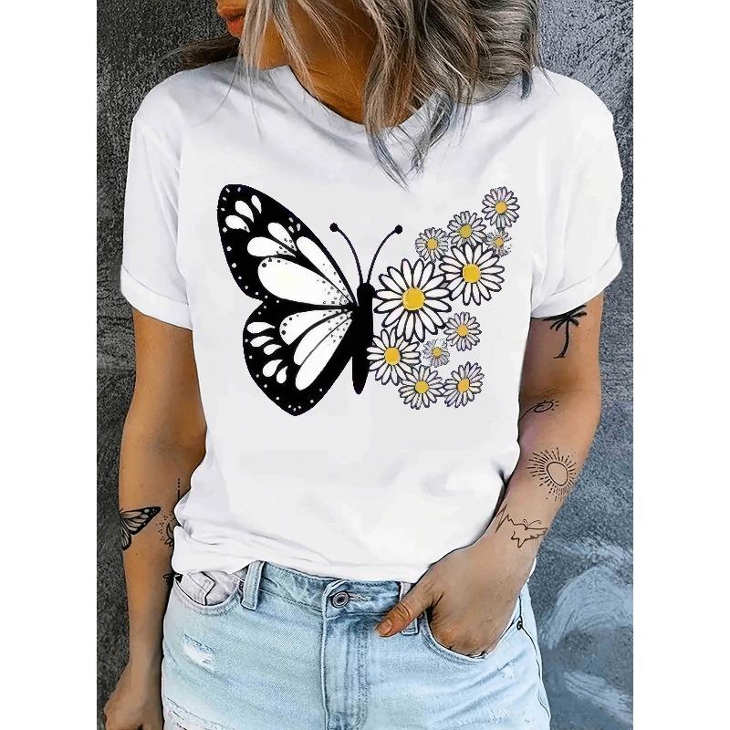 

Европейский размер Европейский размер Женская белая футболка с коротким рукавом и круглым вырезом с принтом белой бабочки - Повседневная дышащая блузка-топ S белый