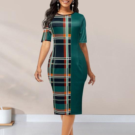 

Женское платье с коротким рукавом и круглым вырезом, симметричное лоскутное платье с принтом, облегающее офисное женское платье с запахом бедра