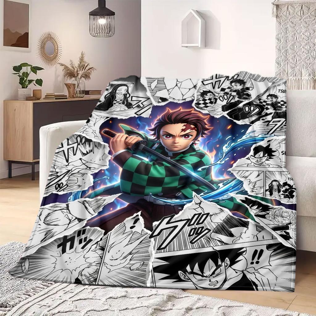 Demon Slayer Fancy Cartoon Flannel Blanket, Print Design for Home, Soft Comfortable Throw for Couch and Outdoor Picnic_LIAN