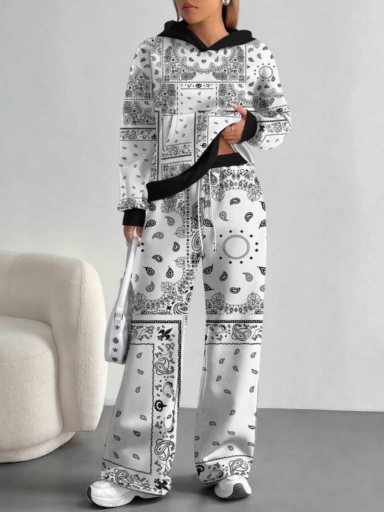 Retro Pattern European And American Autumn And Winter Casual Long-Sleeved Suit Women'S Hooded Sweater Trousers Two-Piece Set