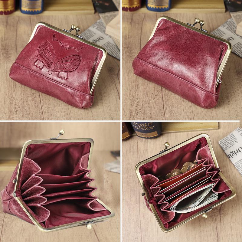 Black Angel Women's Wallet - Top Grain Cowhide, Embroidered, Genuine Leather, Iron Hinge, Multifunctional Compartments, Small & Casual.