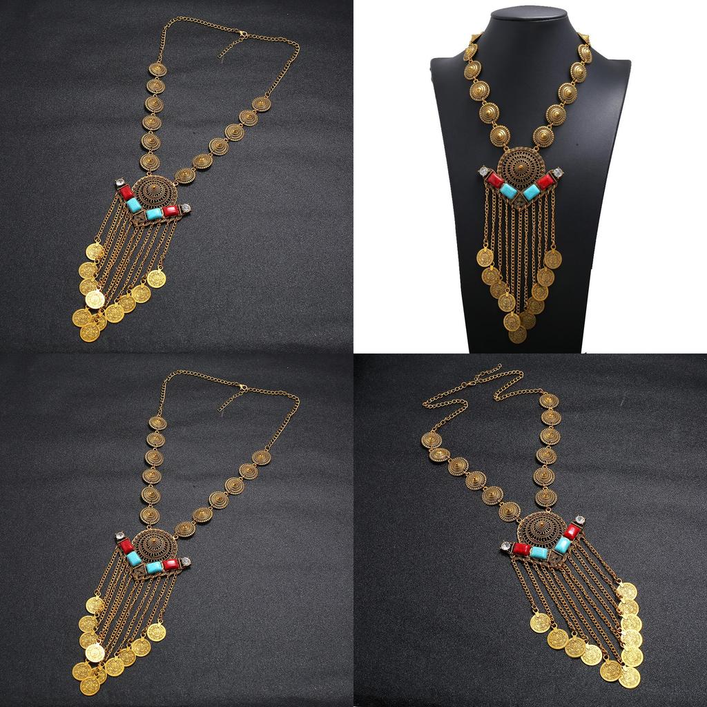 Multilayer Women Retro Coin Long Pendant Necklace With Alloy Chain Waterfall