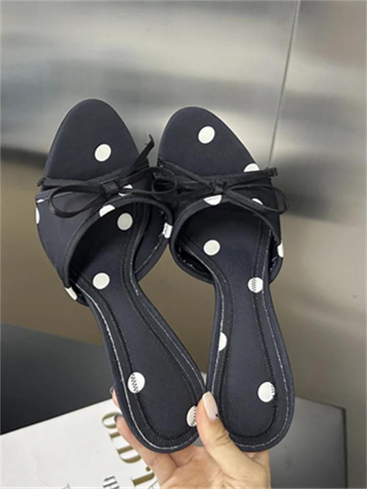Eilyken Summer Satin Polka Dot Butterfly-kont Thin Heels Women Slippers Open Toe Party Slides Shoes
