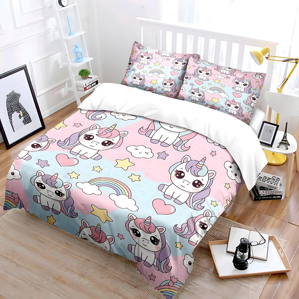 3PC Cute Unicorns with Rainbow Pattern Bedding Set 1 Duvet Cover 2 Pillowcases for Adult and Children Luxury Gift Full Size
