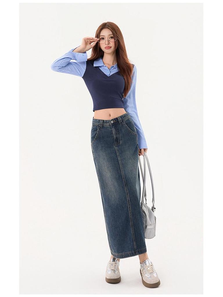 American Retro High Waist A-Line Denim Skirt with Slit and Patchwork - Spring 2026 Collection