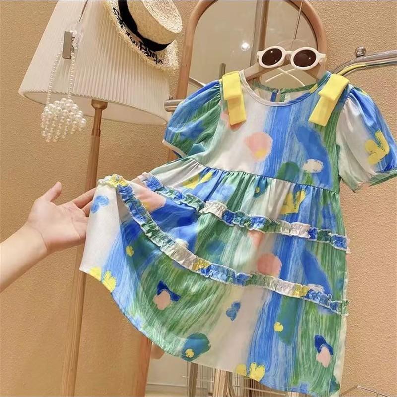 Girls Pastoral Oil Painting Gradient Princess Dress Summer Short Sleeve Dress For Kids 90cm
