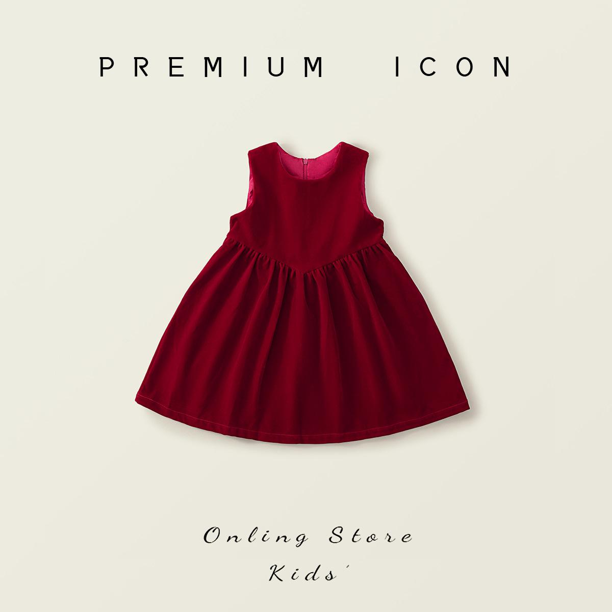 Девочки Вельветовое Платье Без Рукавов Осень Зима Новое Детское Корейский Стиль Красное Платье Принцессы А-силуэта 90cm
