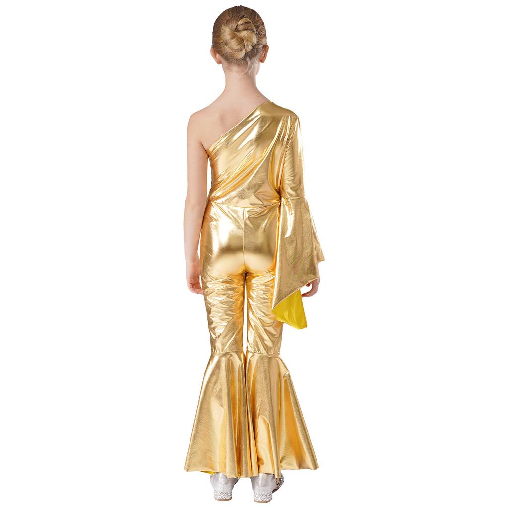 Mädchen Metallic Glänzend Schlaghose Jumpsuit Ein Schulter Schlagärmel Tanzkostüm für Karnevalsparty