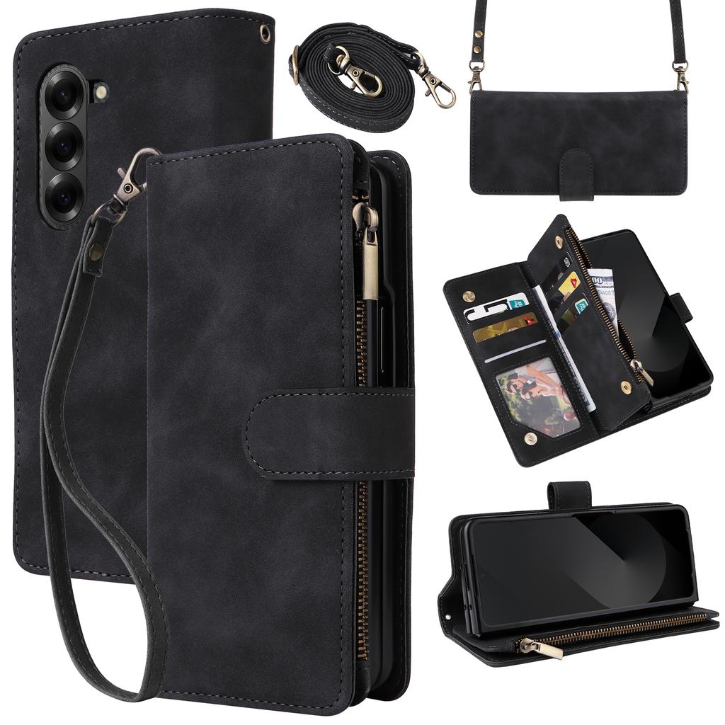 Premium Leather Business Phone Case For Samsung Galaxy Z Fold 7 Zipper Wallet Card Slots Magnetic Flip Cover For Z Fold 6 5 4 3