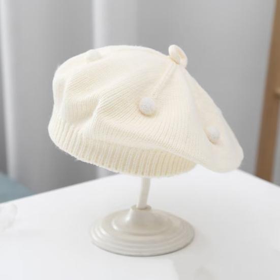 French Style Beret Hat Plush Ball Decor Baby Beret Hat with Anti-Slip Design Elastic Fit Warm Knitting Hat Autumn Winter Headwear