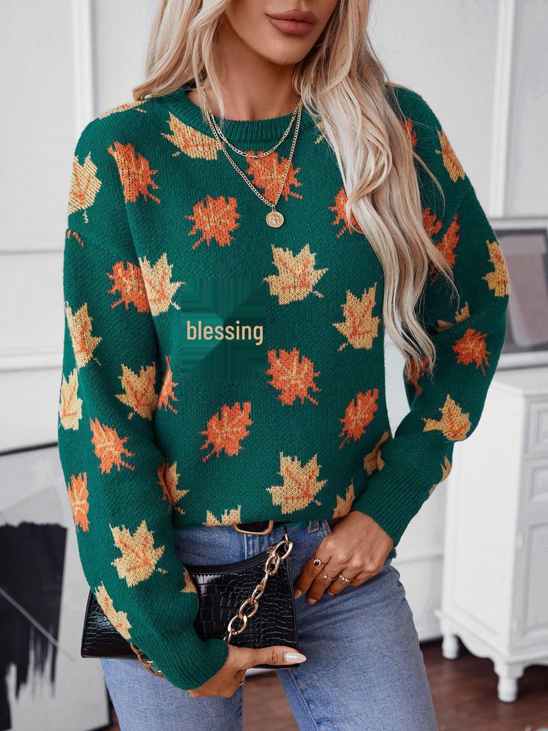 Fuzzy Rain 2024 Autumn/Winter Women's Maple Leaf Jacquard Sweater