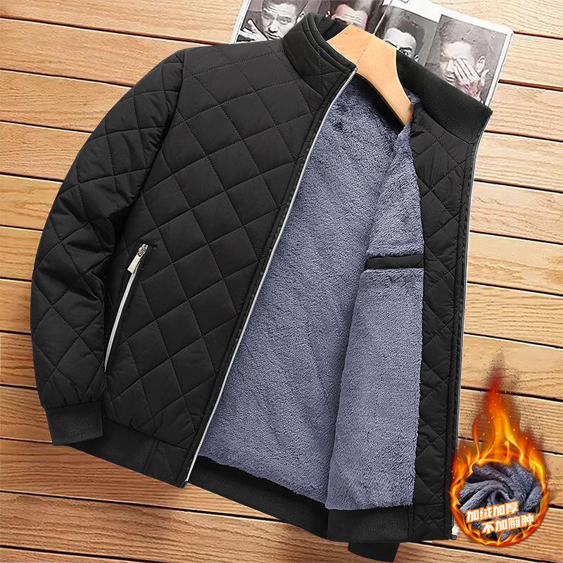 Men Stand Collar Fleece Lined Thick Warm Quilted Plaid Winter Cotton Jacket