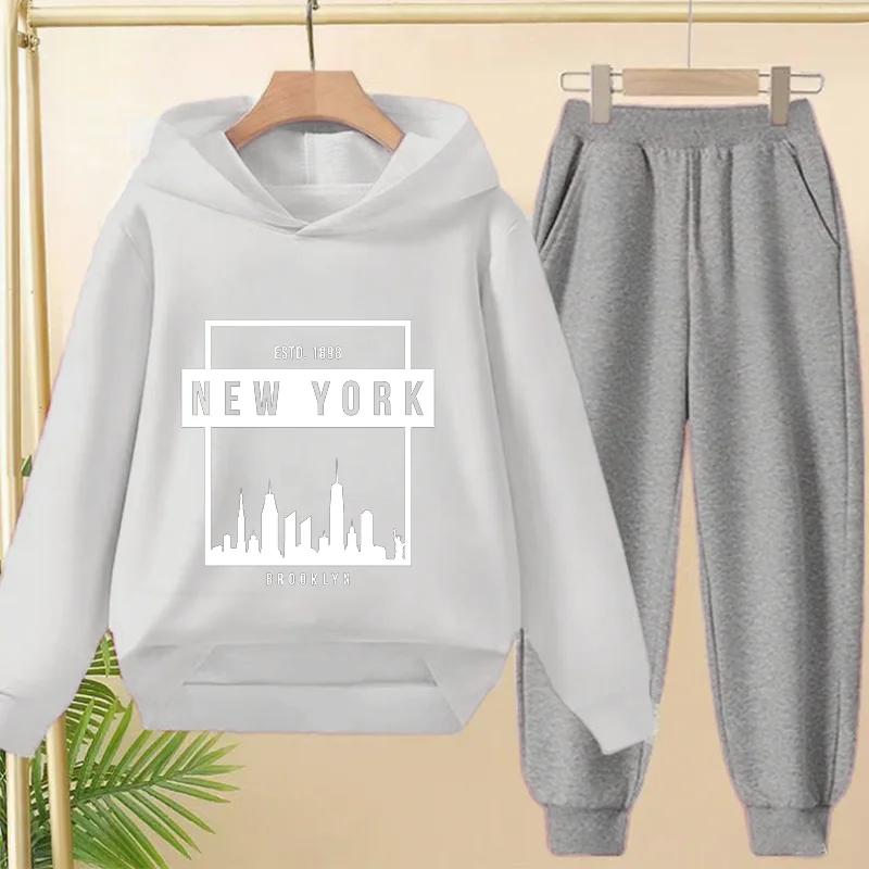 Spring Autumn New York BrookLyn Letter Print 2pcs Hoodie+Pants Tracksuits 3-13 Years Boys Girls Streetwears Children Clothes