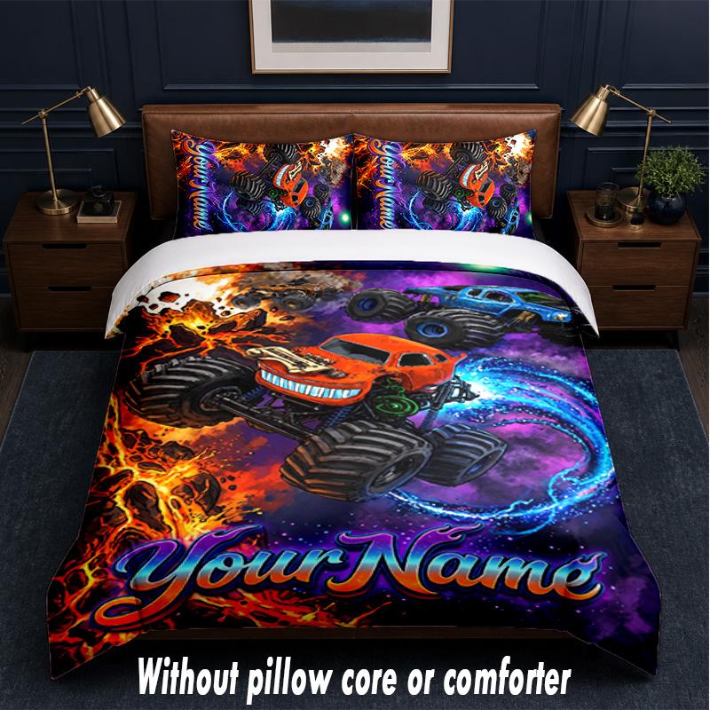 Monster Truck Theme Custom Text Or Name 3Pcs Bedding Set,1 Flat Sheet & 2 Pillowcases Personalized Home Bedding