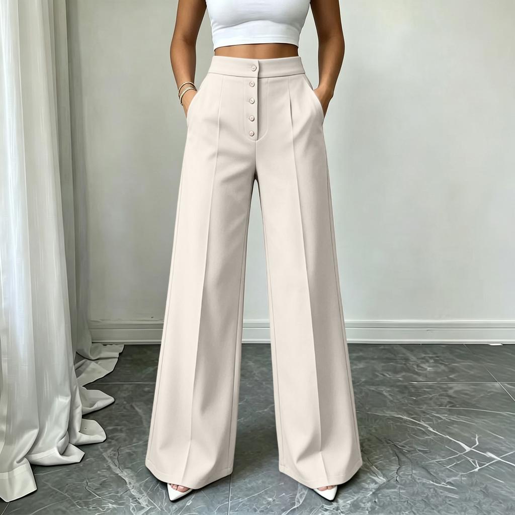 Women's High Wide Leg Pants with Button Pockets Color Casual Trousers for Commute