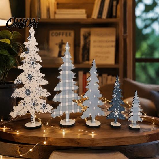 Blue And White Winter Decor 5Pcs Wooden Christmas Tree Ornaments, Nordic Style Indoor Holiday Home Accents Plaid/Snowflake/Polka Dot Desktop