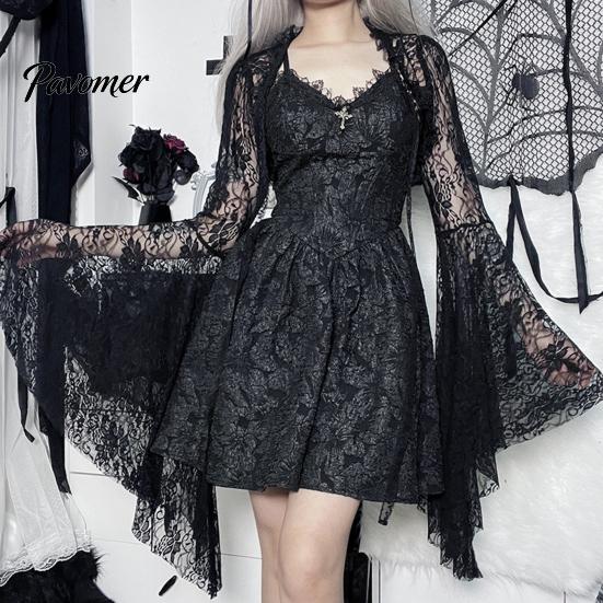 Soft Lace Bell Sleeve Cardigan Vintage Gothic Black T-shirt Elegant Flared Smock Top See Through Sexy Cropped Tops Streetwear Solid Color