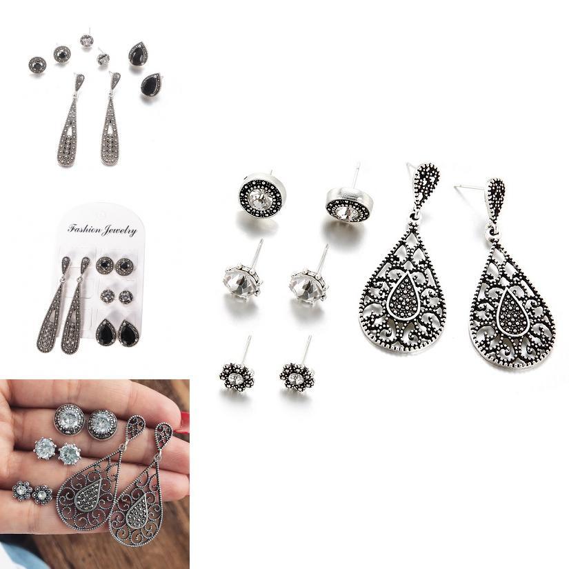2 Style Vintage Stainless Natural Crystal Stud Earring Set Hypoallergenicearrings Jewelry Gifts