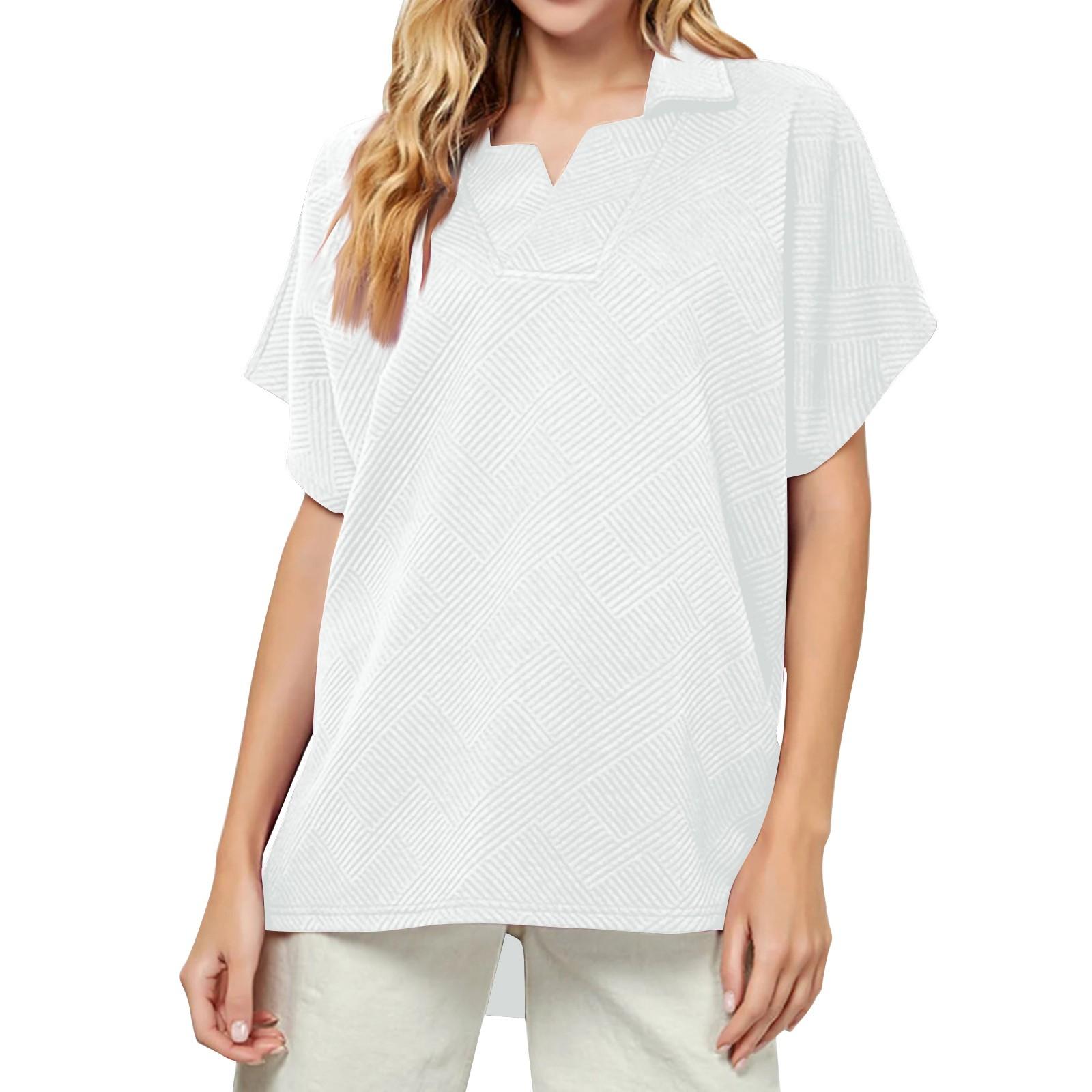 

Женская мода Лето Текстурированный отворот с коротким рукавом Однотонный повседневный свободный топ XL белый