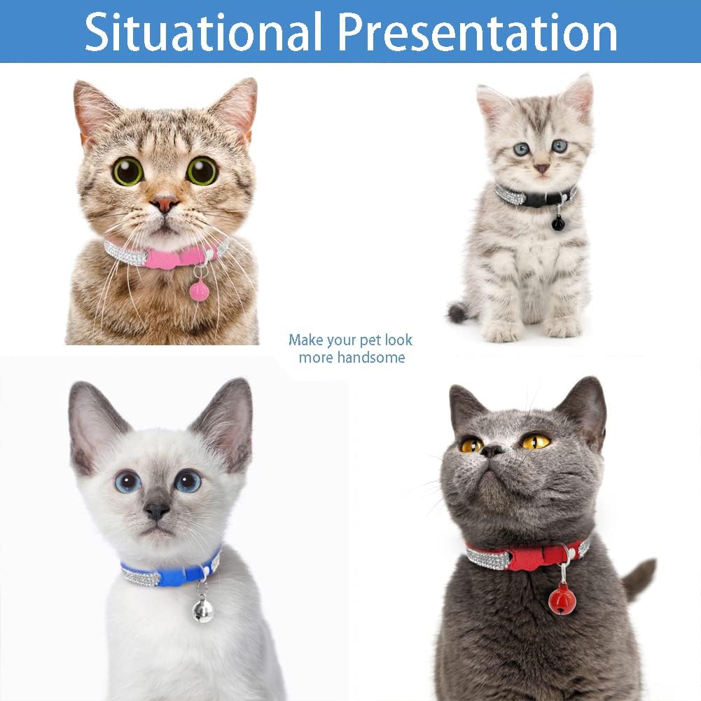 Cat Collar with Rhinestone Bling Cute Bells Leather Cat CollarsAccessories for Pet Collars Ldeal for Girl Cats Male Cats(Black)