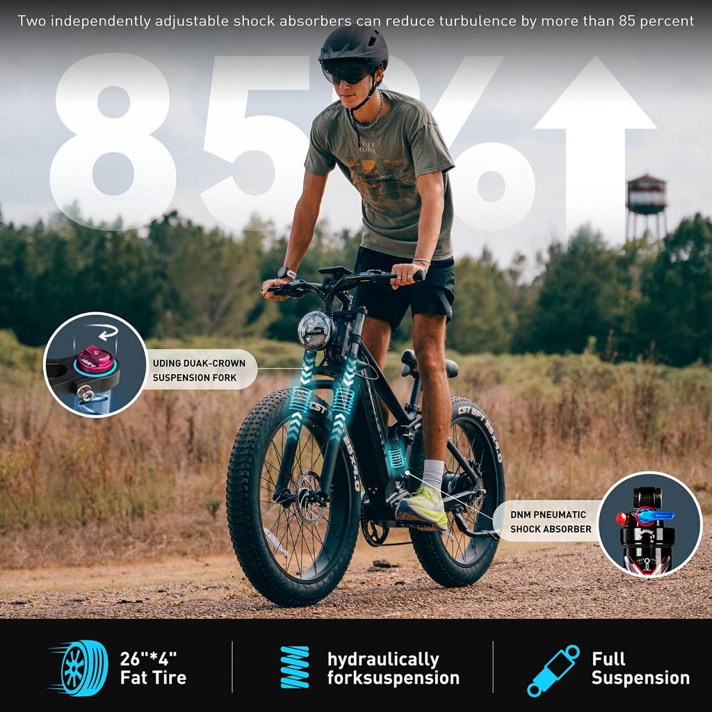 Electric Bicycle Adult Vitilan 26" 1000W Motor City Ebike Full Suspension 52V 20AH Max Range 128Km Load 150Kg 8 Speed T7 Pro