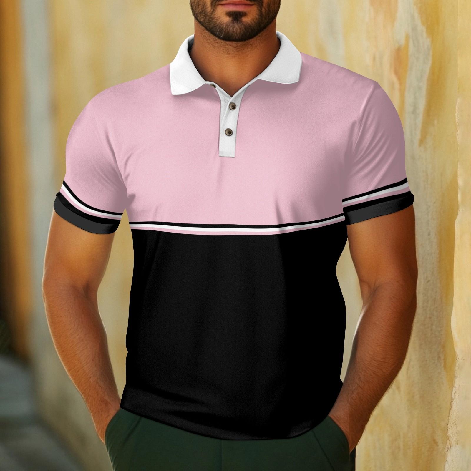 

Men s Casual Breathable Short Sleeve Striped Plaid Printed Shirt XL рожевий