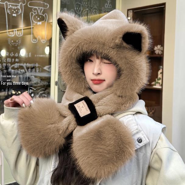 

Korean Plush Fox Ear Hat and Scarf Set for Women – Autumn/Winter Neck-Warming Hooded Scarf