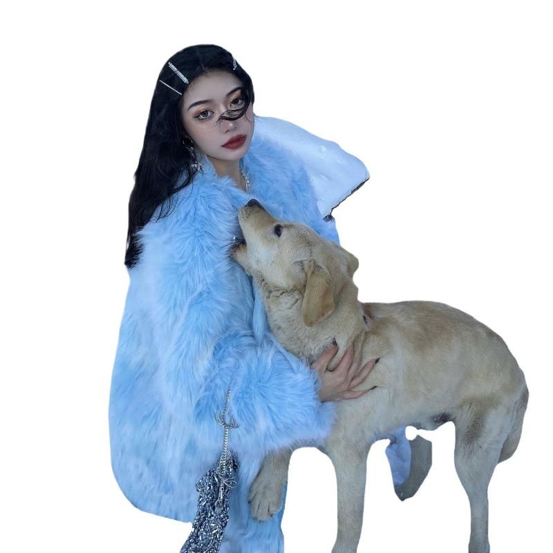 Fashion temperament Medium and long autumn and winter popular new thin fluffy imitation fur jacket female blue