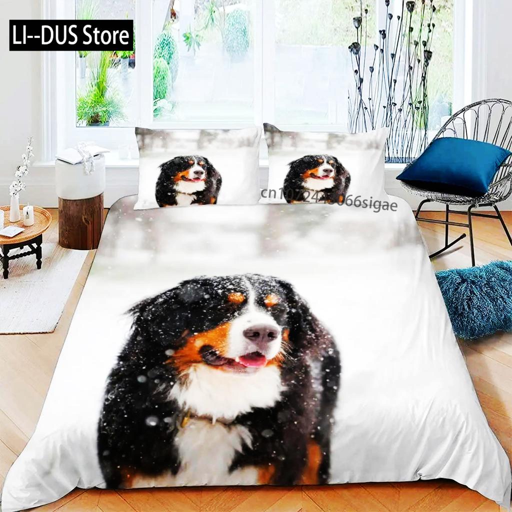 Dogs Duvet Cover Set Cute Animal Bedding Set Microfiber Bernese Mountain Dog Comforter Cover Twin Full Size For Kids Teens Boys