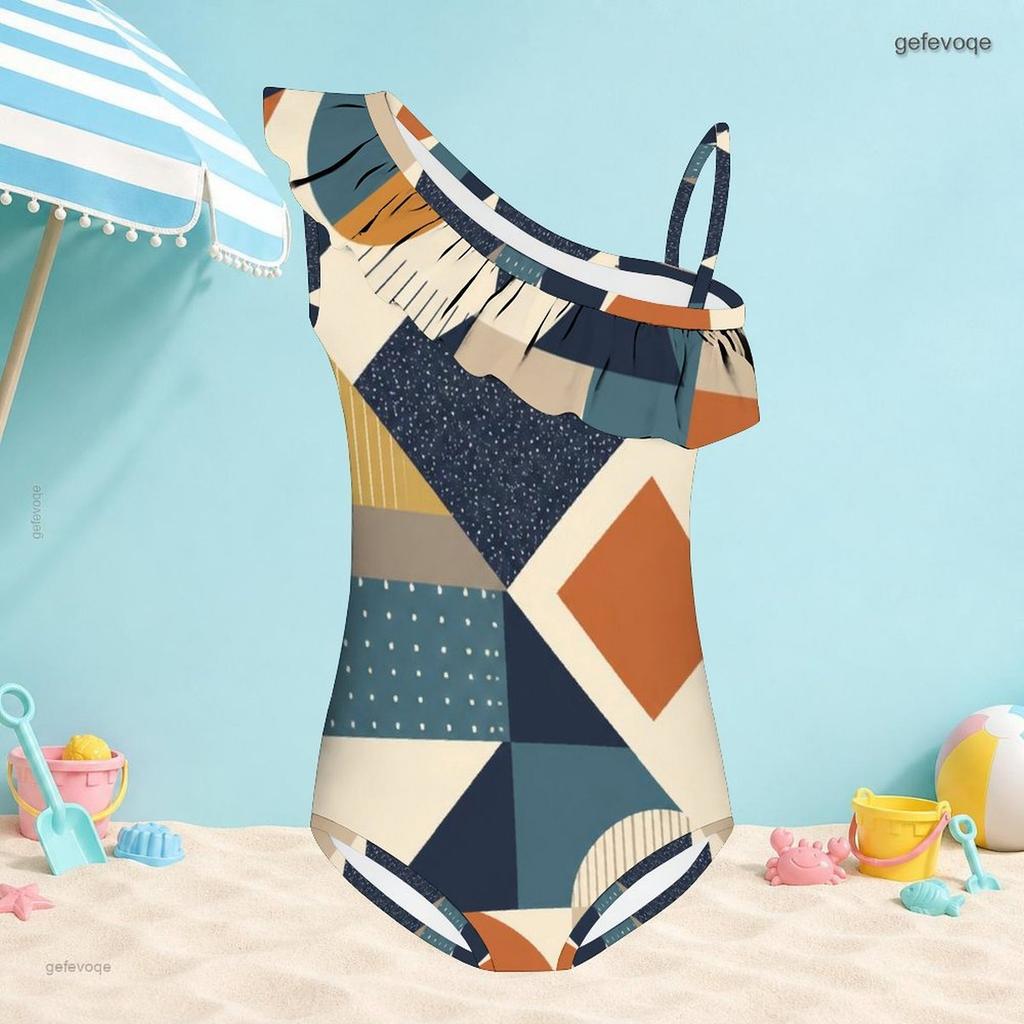 Girls One Shoulder Ruffle One Piece Swimsuit Abstract Printed Beach Swimwear