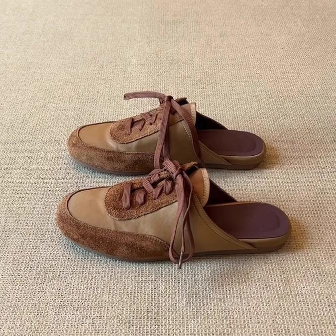 Sheepskin Version~ Niche Lace-up Color Matching Bag Head Drag Woman One Pedal Flat Bottom Half Drag Ins Sports and Leisure Style Slippers