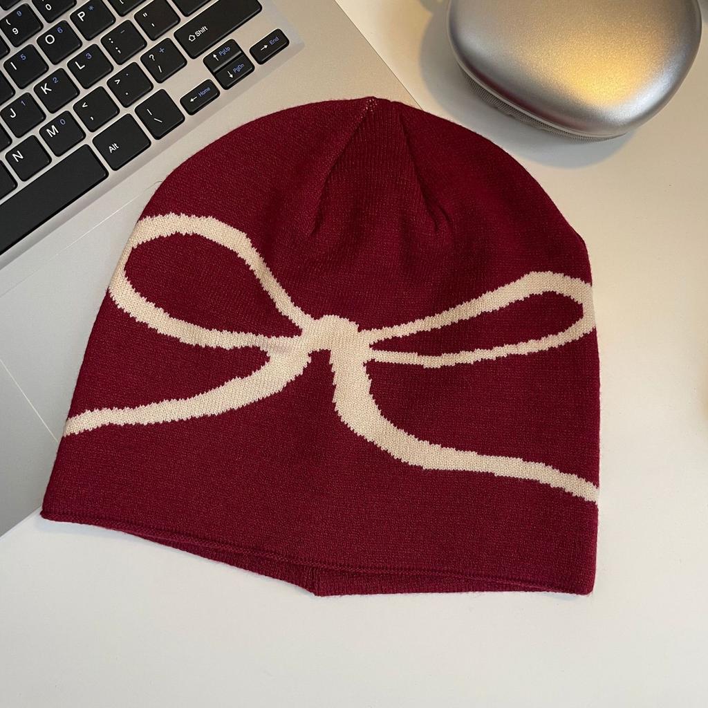 Autumn and Winter Korean Bow Printed Knitted Hat Retro Cute Elastic Versatile Cold Hat Warm Wool Hat
