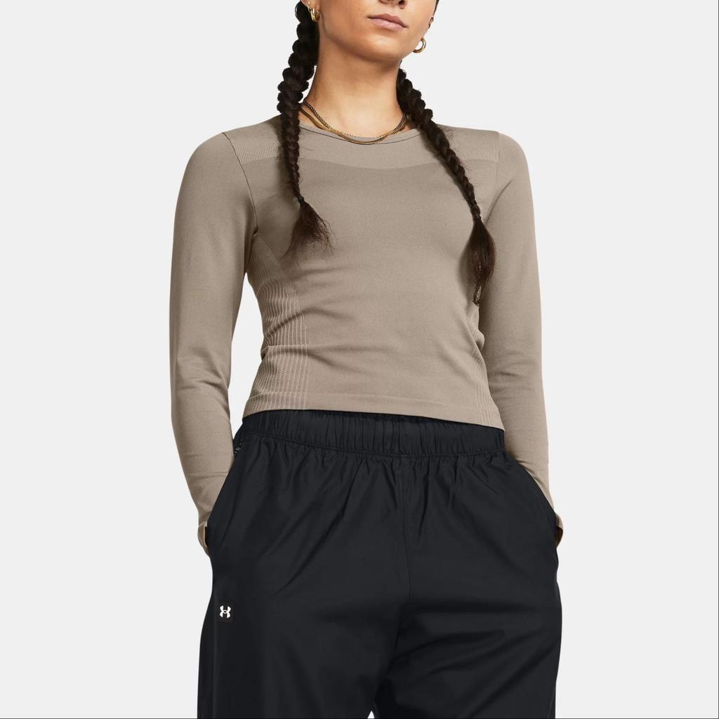 Under Armour Solid Color Crew Neck Long Sleeve Regular T-Shirt Women Tops Khaki 1383649-200
