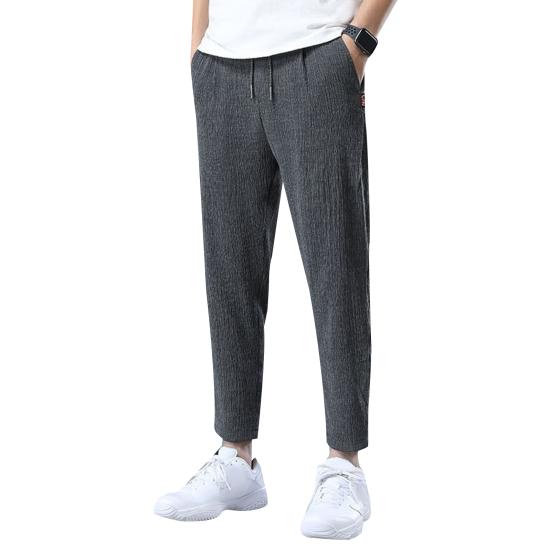 Men Ninth Pants Drawstring Elastic Waist Straight Leg Loose Solid Color Pockets Plus