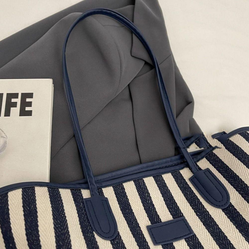 Large Capacity Shoulder Bag Zipper Shopping Handbag Simple Stripe Canvas Tote Bag  Girls