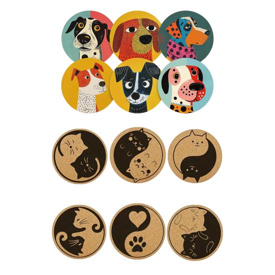 6 Pcs Wood Coasters Funny Cute Cat/Dog Drink Cup Coasters for Coffee Table Bar Kitchen Decor Housewarming Gifts for New Home Couples