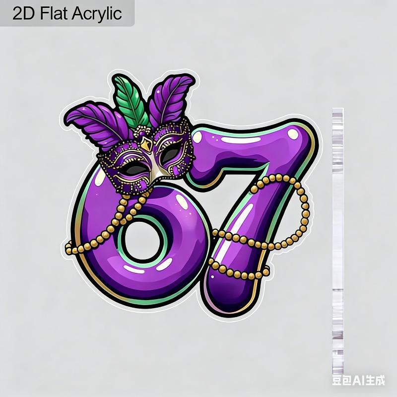 2D Flat Purple & Green Mardi Gras 67 Number-Shaped Acrylic Sign, Suitable for Wall Decoration, Porch, Room, Villa, Accents Home, Hallway, or Workplace