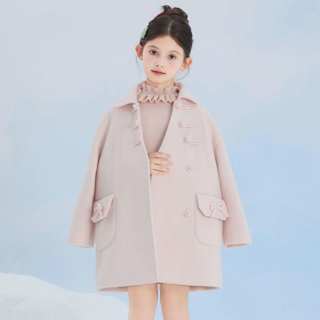Modischer Rosa Wollmantel für Mädchen, Süßer Baumwollwattierter Woll-Übermantel für Kinder Herbst und Winter