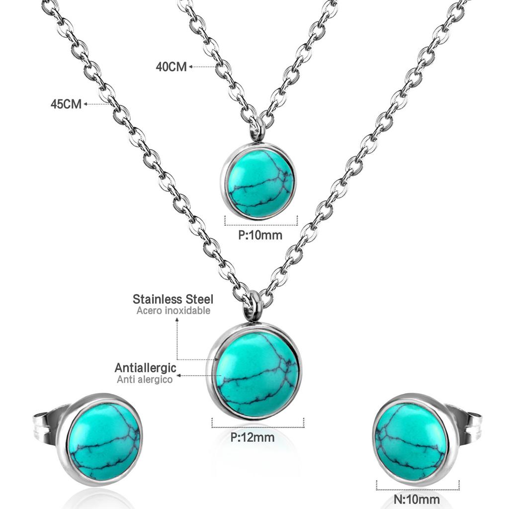 Songhua stone jewelry set female retro love shape round stud earrings necklace stainless steel jewelry set