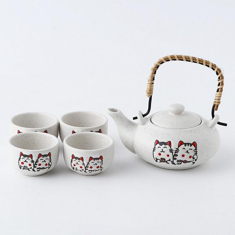 Ceramic Lucky Cat Teapot with 4 Tea Cups Portable Chinese Kung Fu Tea Set Tea Kettle 200ml Maneki Neko Teacup