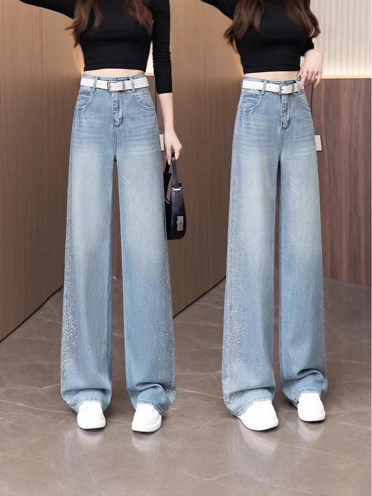 Women's Spring 2026 High-Waisted Loose Wide-Leg Jeans with Side Rhinestones