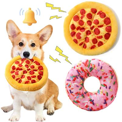 Peluche pour chien Beignet Forme Pizza Jouets couineurs pour petits grands chiens Nettoyage des dents Chiot à mâcher Jouet sonore Fournitures pour animaux de compagnie