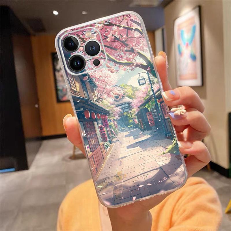 Japanese Landscape Cherry Flower Phone Case For iPhone 17 Pro Max 17 Air 16 15 14 13 Pro Max 15 16 Pro 15Plus