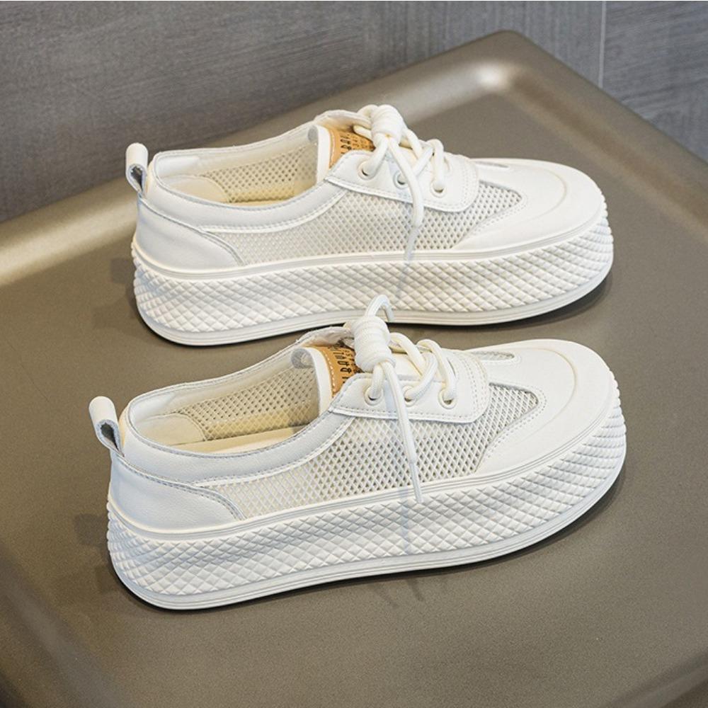 Zapatillas para Mujer Primavera y Verano 2025 Nuevas de Color Sólido Casual Versátiles Transpirables Malla de Cuero Zapatos de Mujer con Suela Gruesa