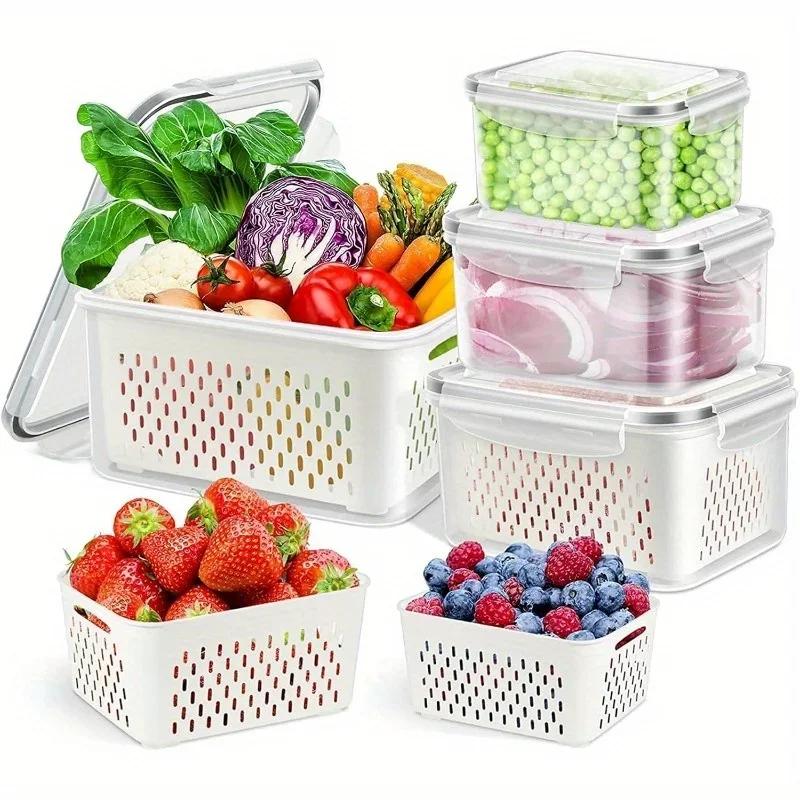 Fridge Food Storage Container Set with Lids with Strainer,Plastic Fresh Produce Saver Vegetable Fruit Meat Storage Organization