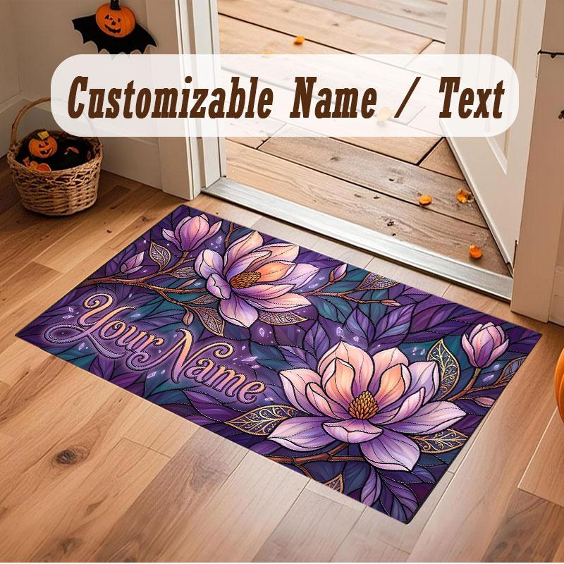 Floral Garden Theme Crystal Velvet Floor Rug Personalized Custom Name Text Warm Carpet Home Decoration