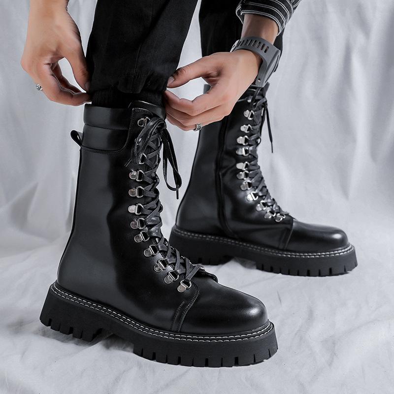 Men Luxury Fashion Motorcycle Boots Black Original Leather Shoes Lace-up High Top Knight Boot Cowboy Platform Long Botas Hombre
