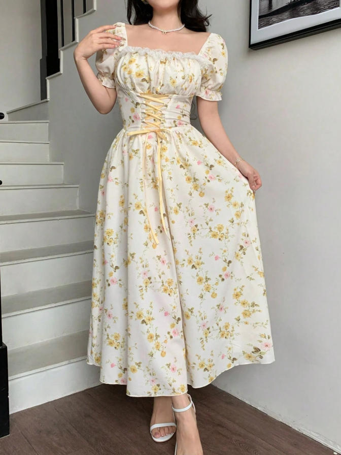 2026 European and American Women's Clothing, Standing French Square Neck Bubble Sleeve One-word Shoulder Floral Dress