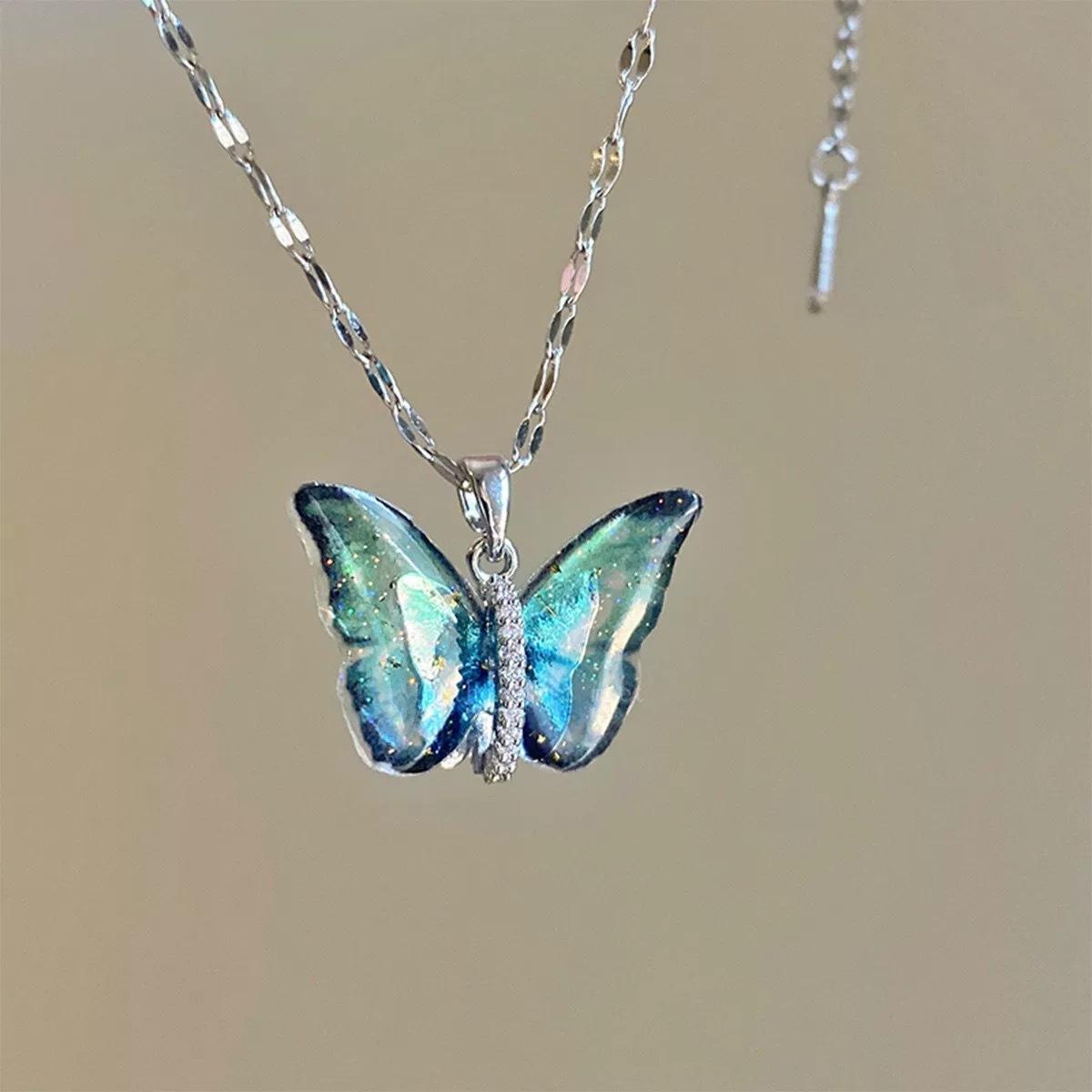 Color transparent butterfly pendant collarbone chain women s summer sweet personality neck chain light luxury high-end necklace